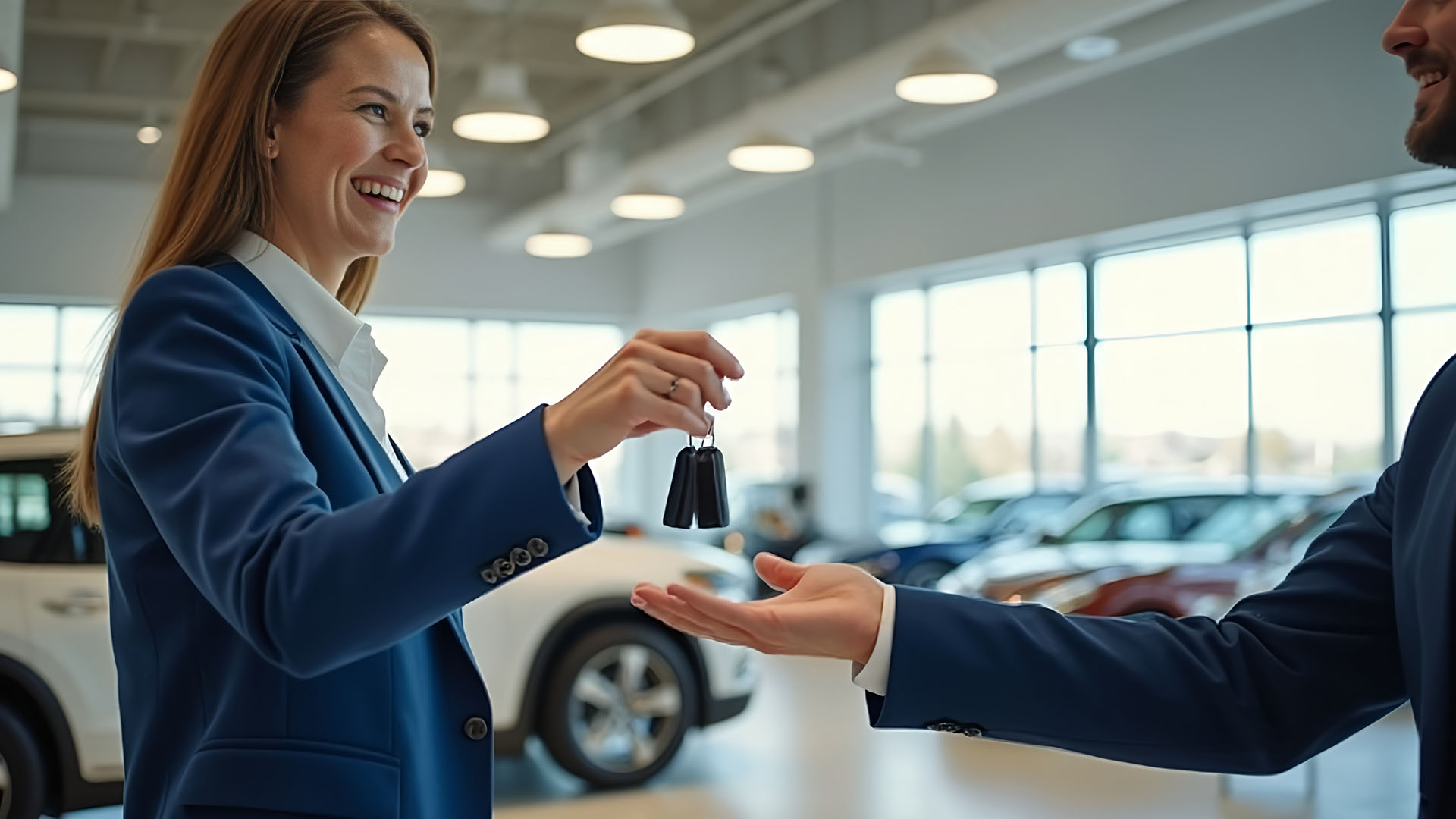 Driver collecting replacement vehicle keys at dealership after total loss